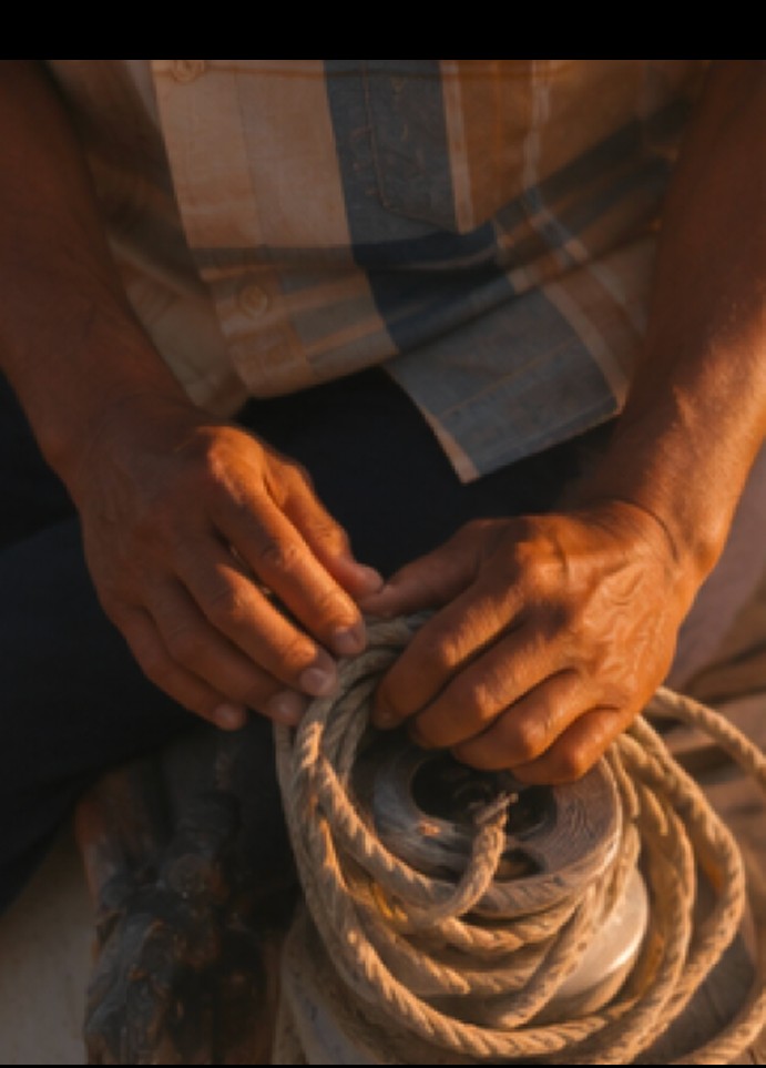 Close-up editorial image of hands and rope